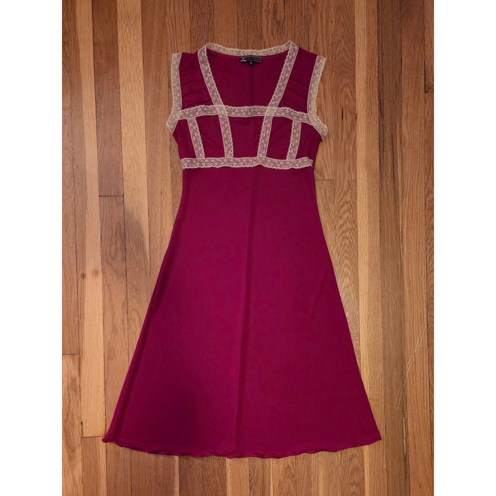 Y2K Hot Kiss Pink Lace Trim Empire Waist Midi Dress Coquette Fairycore Sz S - Picture 5 of 9